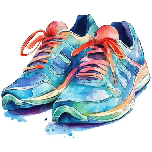 watercolor sneakers, athletic shoes, running shoes, sports theme, turquoise, coral red, navy blue, teal, purple, orange, cyan, aqua, watercolor effect, splatter pattern, abstract art, artistic, modern, whimsical, colorful, vibrant, unisex theme, active lifestyle, youth fashion, contemporary art, artistic print, paint splatter, gradient colors, shoe motif, footwear design, casual style