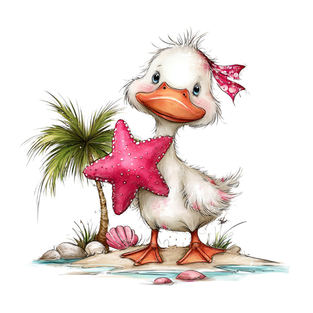 coastal duck, beach theme, tropical, whimsical, coral orange, hot pink, cream white, sage green, starfish, palm tree, seashell, ocean, nautical, children's, cute animals, bird, coastal style, seaside, summer, playful, illustration, watercolor, sandy beach, pastel accents, quirky, decorative panel, kid's fabric, resort wear, vacation theme