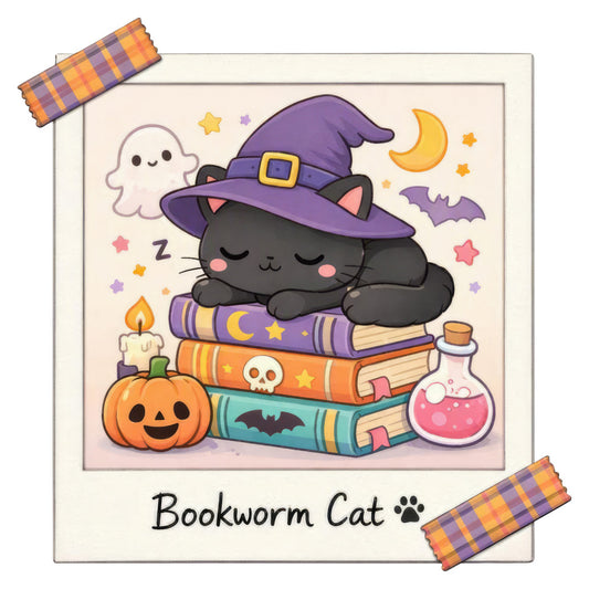 halloween, black cat, witch hat, spooky, celestial, moon, stars, purple, orange, yellow, pink, teal, whimsical, cute, kawaii, magical, books, potion bottle, ghost, bat, pumpkin, jack-o-lantern, candle, autumn, fall, enchanted, mystical, children's, kids, animals