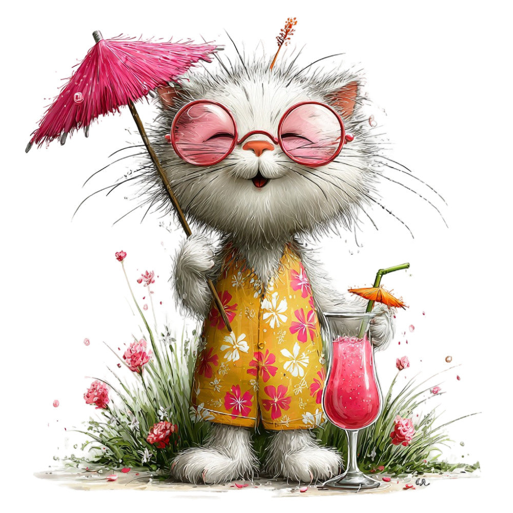 cat, fluffy cat, whimsical cat, pink glasses, sunglasses, tropical, summer, vacation, beach, cocktail, umbrella, pink, coral pink, golden yellow, white, gray, floral print, flowers, daisies, nature, animal print, playful, fun, humorous, cute, charming, quirky, bohemian, colorful, vibrant