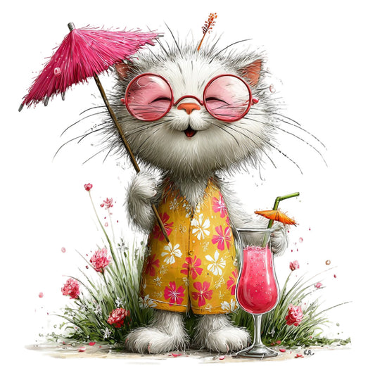 cat, fluffy cat, whimsical cat, pink glasses, sunglasses, tropical, summer, vacation, beach, cocktail, umbrella, pink, coral pink, golden yellow, white, gray, floral print, flowers, daisies, nature, animal print, playful, fun, humorous, cute, charming, quirky, bohemian, colorful, vibrant