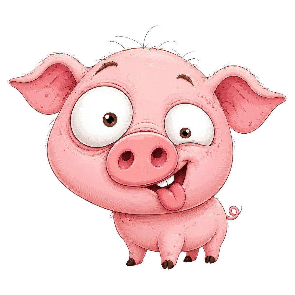 cute pig, pink, coral pink, rose pink, pastel pink, cartoon pig, farm animal, whimsical, playful, child-friendly, nursery, baby, cheerful, happy expression, tongue out, big eyes, farmyard, animal character, illustration, kids fabric, playful animal, lighthearted, fun design, adorable, sweet, countryside, pastoral, innocent, expressive face
