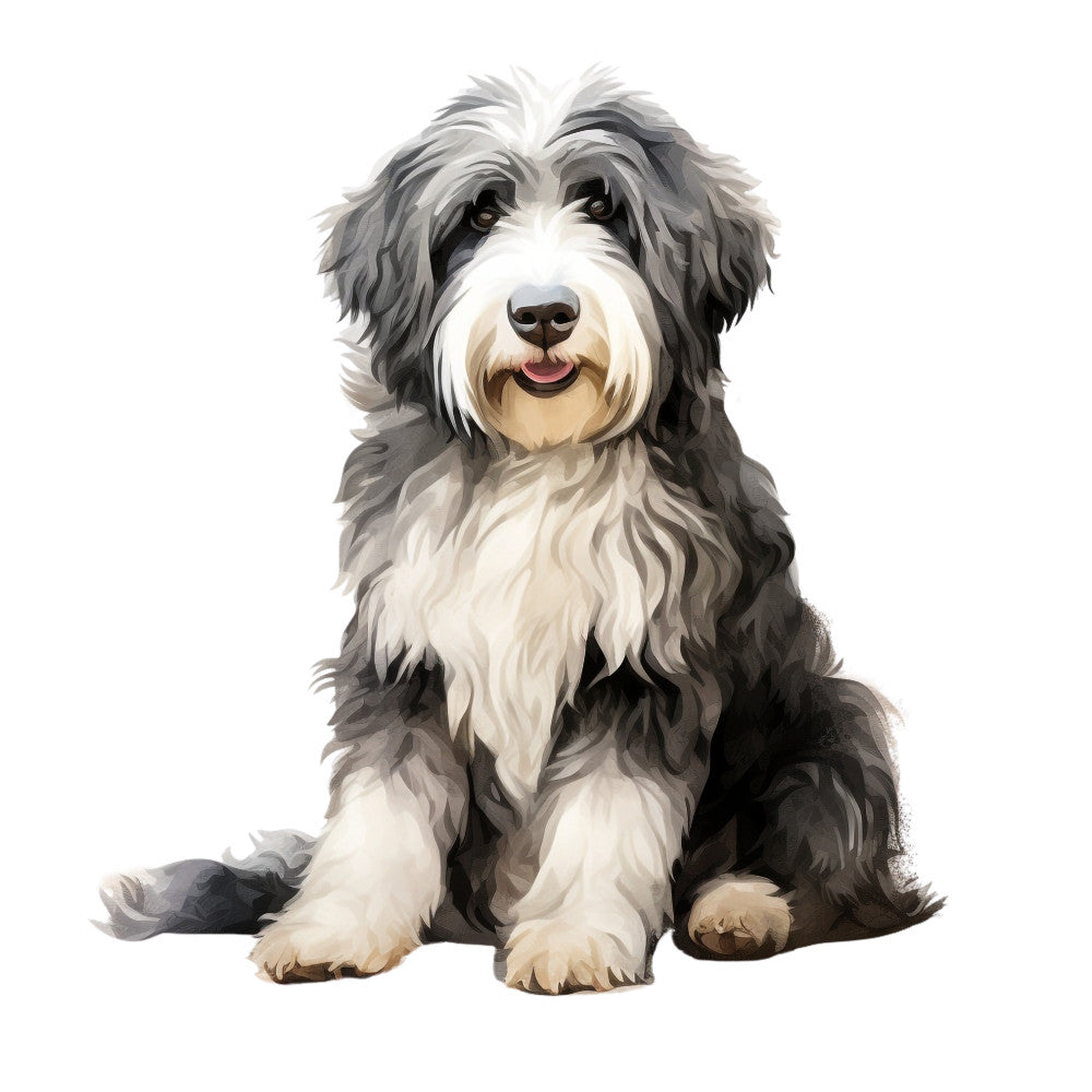 dog, puppy, bearded collie, doodle, sheepdog, gray and white, black and white, grey and white, cream, tan, charcoal, portrait, animal lover, pet, cute, friendly, whimsical, playful, realistic, smiling, dog breed, companion animal, home decor, novelty, character print, nature lover, all ages, family friendly