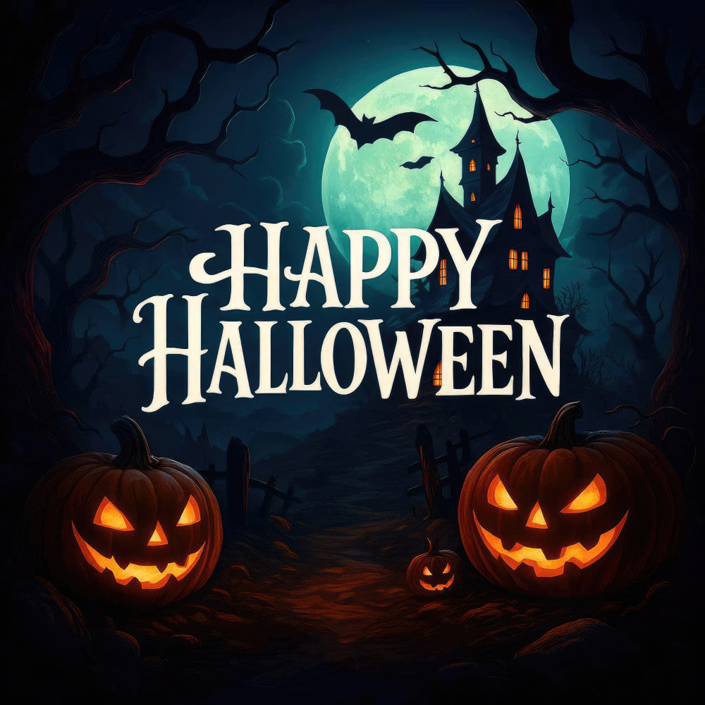 happy halloween, spooky, haunted house, jack-o-lantern, pumpkin, full moon, bats, dark blue, orange, black, creepy, gothic, halloween party, trick-or-treat, festive, autumn, fall, horror, spooky scene, witchy, eerie, scary, nighttime, illuminated pumpkins, jack o lantern faces, holiday themed, seasonal decor, dark teal, glowing eyes