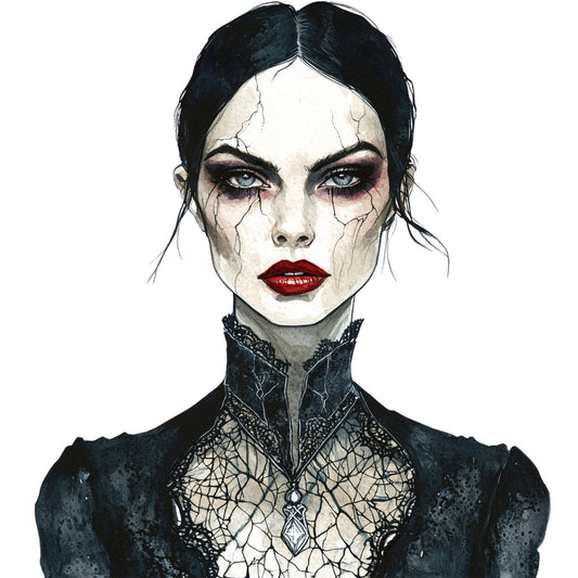 dark gothic, black hair, pale skin, porcelain face, cracked porcelain, white face paint, dramatic makeup, bold red lips, dark eyeshadow, cracks and lines pattern, dark moody, alternative style, goth aesthetic, Victorian gothic, ornate collar, lace details, dark fashion, mysterious, haunting, edgy modern, dark romance, black and white, deep burgundy, steampunk, decorative details, portrait illustration, bold graphic, dark elegant, contemporary gothic