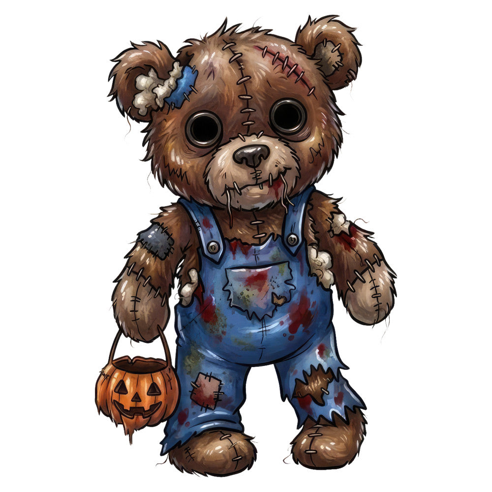 horror bear, zombie teddy bear, halloween, spooky, creepy, brown, rust brown, tan, blue denim, orange, red, stitched, patched, damaged, eerie, scary, trick or treat, pumpkin bucket, candy basket, autumn, fall, monster, undead, horror theme, children's halloween, whimsical dark, gothic cute, novelty print, character print, holiday