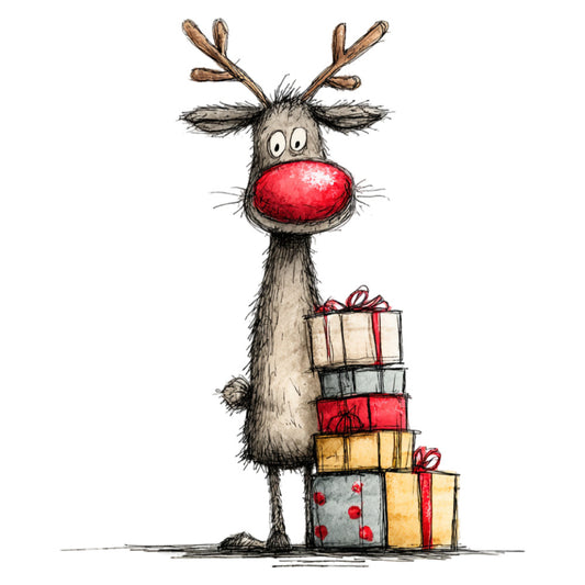rudolph, reindeer, red nose, christmas, holiday, whimsical, cute, cartoon, children's, gift boxes, presents, stacked presents, cream, red, gold, gray, tan, beige, black, festive, cheerful, playful, nursery, animal, winter, decorative, humorous, folk art style, hand drawn, quirky