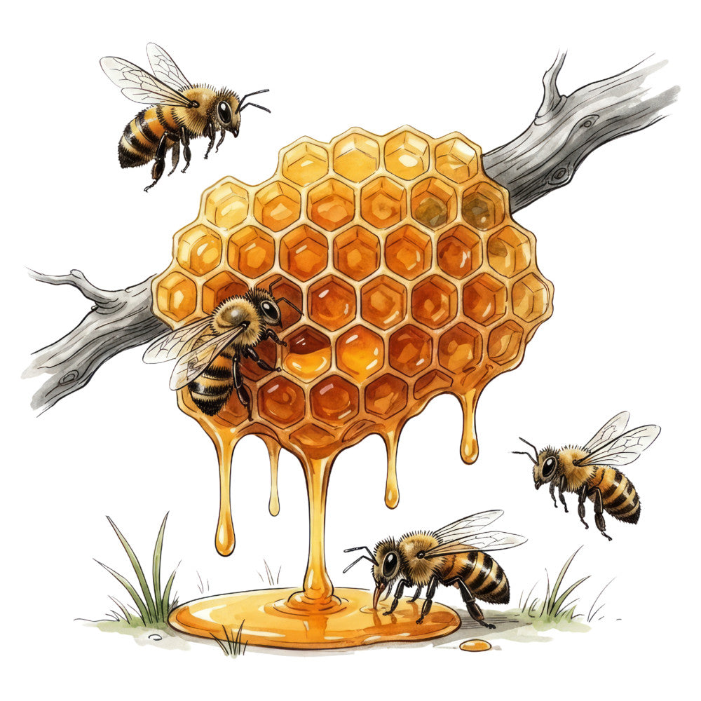 honey gold, golden yellow, amber orange, burnt orange, black stripes, white background, bees, honeycomb, nature, insects, botanical, whimsical, rustic, farmhouse, spring, summer, garden, honey drip, beehive, pollinator, wildlife, sweet, cottage core, children's, educational, nature lover, timeless, detailed illustration, wood branches