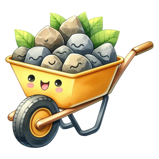 cheerful yellow, golden yellow, soft gray, charcoal gray, sage green, cream, cute faces, smiling stones, happy wheelbarrow, anthropomorphic, whimsical, playful, garden theme, gardening, nature, spring, summer, kawaii, cartoon style, children's, nursery, baby, friendly, positive vibes, growth theme, green leaves, decorative panel, wall art, beginner quilting, novelty print