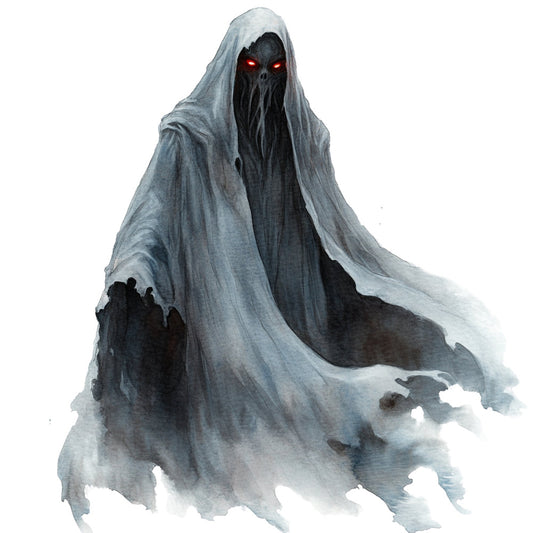 ghostly figure, spooky, haunted, grim reaper, skeleton, dark fantasy, supernatural, horror, halloween, skeleton face, glowing red eyes, ethereal, mysterious, gothic, dark academia, creepy, eerie, charcoal gray, slate gray, black, white, monochromatic, abstract watercolor, misty, foggy, wraith, specter, phantom, dark theme, autumn