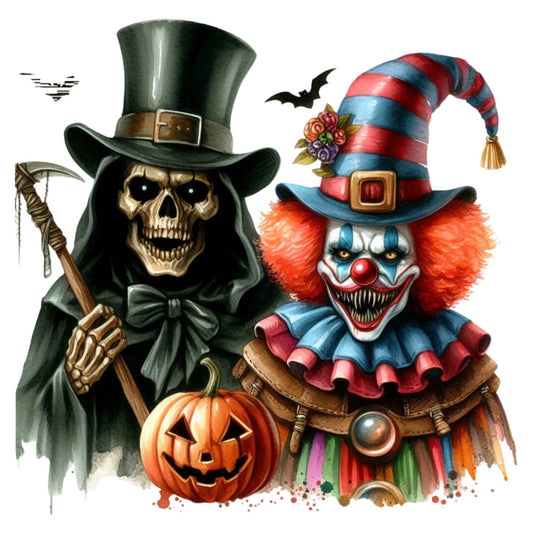 halloween, grim reaper, skull, death, skeleton, clown, scary clown, creepy clown, orange hair, red and blue, striped hat, pumpkin, jack-o-lantern, spooky, dark, gothic, whimsical, forest green, red, blue, orange, gold accents, vintage, autumn, horror, festive, dark comedy, tassel, bone, scythe
