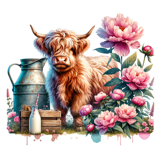 highland cattle, pink peonies, farmhouse style, rustic animals, botanical floral, cream milk bottle, teal pitcher, pastoral, cottage core, spring flowers, rose pink, dusty mauve, teal blue, cream ivory, whimsical illustration, nature themed, garden flowers, livestock, dairy farm, vintage botanical, romantic floral, country style, watercolor art, decorative panel, wall hanging, long horn cattle, peony blooms, garden aesthetic, spring season