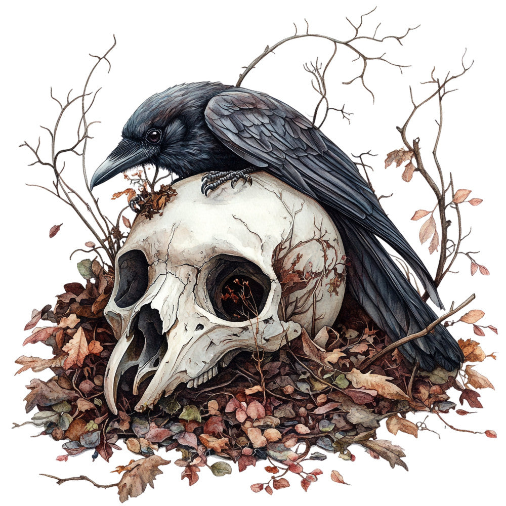 black bird, crow, raven, skull, bone, memento mori, gothic, dark academia, autumn, fall, dried leaves, brown, cream, ivory, black, tan, nature, woodland, witchy, mystical, dark aesthetic, moody, vintage, botanical, branches, deceased, death, spooky, halloween, dark romantic