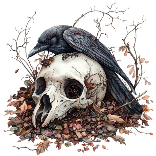 black bird, crow, raven, skull, bone, memento mori, gothic, dark academia, autumn, fall, dried leaves, brown, cream, ivory, black, tan, nature, woodland, witchy, mystical, dark aesthetic, moody, vintage, botanical, branches, deceased, death, spooky, halloween, dark romantic