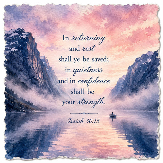 inspirational quote, scripture, mountain landscape, lake scenery, misty peaks, watercolor art, soft pastels, dusty blue, mauve, rose pink, lavender, blush pink, peaceful scene, serene nature, spiritual message, religious verse, Isaiah 30:15, strength and confidence, meditation art, calming design, contemplative, elegant style, romantic aesthetic, nature inspired, landscape art, boat on water, reflective water, tranquil, motivational, faith based