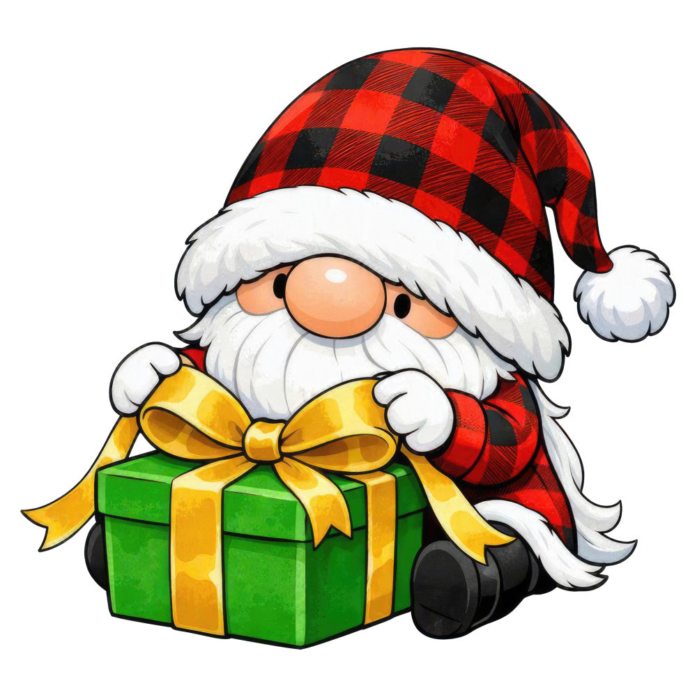 christmas, holiday, santa, gnome, red and black plaid, buffalo check, forest green, gold ribbon, festive, whimsical, seasonal, winter, gift box, present, red plaid hat, white beard, cute, cartoon, folk art, traditional, rustic charm, christmas gnome, holiday decoration, seasonal decor, novelty print, children's, playful, cheerful, bright colors