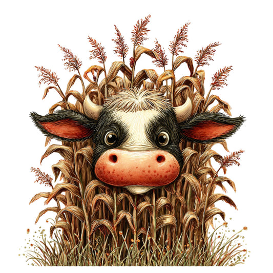 cow, cattle, farm animals, livestock, farmhouse, rustic, country, harvest, corn, grain, autumn, fall, tan, brown, cream, black, red, rust, ochre, whimsical, folk art, illustration, detailed, pastoral, agricultural, nature, adorable, quirky, folk style, vintage