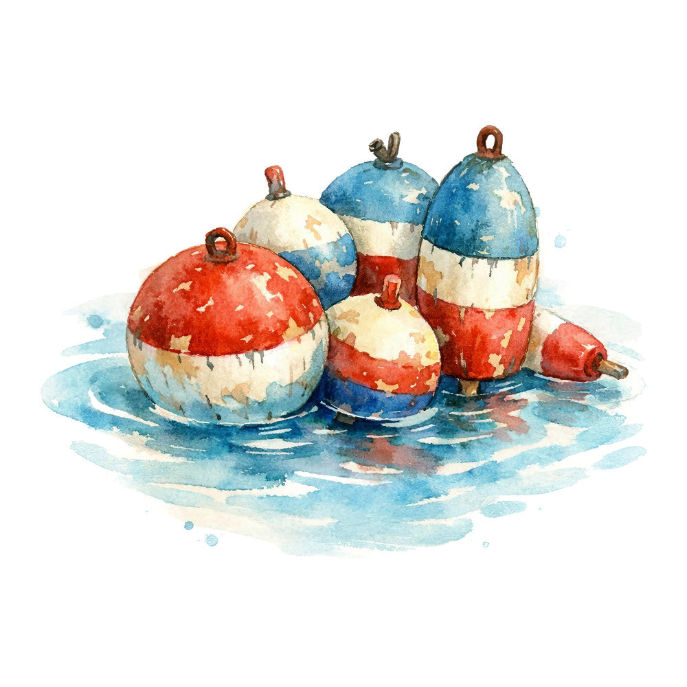 nautical, buoys, coastal, red and white, cream, sky blue, turquoise, weathered, rustic, maritime, fishing, seaside, ocean, water, whimsical, vintage, striped, hand-painted, watercolor, nautical decor, beach theme, seaside cottage, americana, patriotic colors, children's, baby, coastal living, ocean buoys, floating, water-themed