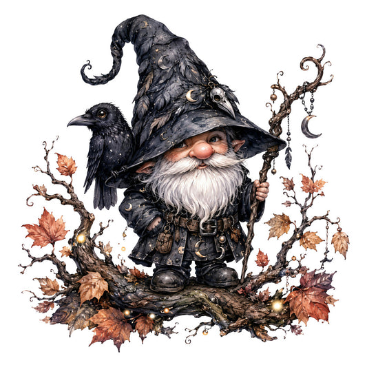 wizard, gnome, black, charcoal, cream, white, gold, autumn leaves, fall, celestial, moons, stars, mystical, magical, whimsical, fantasy, dark academia, gothic, nature, woodland, birds, raven, crow, branches, twigs, rustic, vintage, steampunk, occult, enchanted