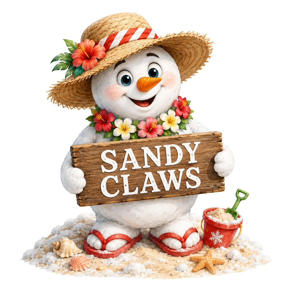snowman, winter, christmas, holiday, beach theme, tropical, sandy claws, whimsical, fun, playful, cheerful, coral pink, orange, red, cream white, straw hat, flowers, hibiscus, festive, novelty, seasonal, children's, family-friendly, summer, coastal, tropical flowers, striped ribbon, starfish, shells, sand bucket
