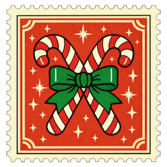 candy cane, red and white, forest green, holiday, christmas, festive, vintage, whimsical, retro, striped, bow, stars, sparkles, traditional, classic, seasonal, winter, decorative, cheerful, bright, nostalgic, elegant, timeless, wall hanging, home decor, festive design, candy stripe, green bow, red background, cream accents