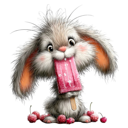 fluffy bunny, white rabbit, gray and white, coral pink, raspberry pink, orange accents, whimsical animals, cute characters, woodland creatures, playful design, children's fabric, nursery decor, baby quilt, sweet theme, popsicle motif, berries, cherries, raspberries, summer treats, innocent style, charming illustration, happy expression, decorative panel, kid-friendly, adorable characters, cheerful colors, storybook style, animals with treats, fruit and animals
