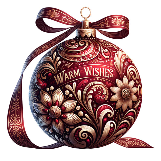 burgundy, deep red, gold, cream, ornate patterns, floral motifs, swirls, scrollwork, christmas ornament, holiday bauble, decorative ribbon, bow, fabric panel, quilting cotton, victorian style, elegant design, warm wishes text, festive, winter holidays, intricate details