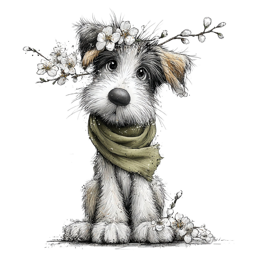dog, puppy, terrier, portrait, floral, flowers, blossoms, spring, nature, animals, whimsical, cute, charming, illustrated, sketch, ink drawing, black and white, cream, tan, brown, olive green, sage green, botanical, flower crown, scarf, decorative, children's, nursery, storybook, vintage illustration