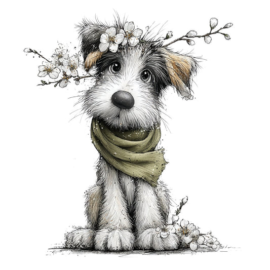 dog, puppy, terrier, portrait, floral, flowers, blossoms, spring, nature, animals, whimsical, cute, charming, illustrated, sketch, ink drawing, black and white, cream, tan, brown, olive green, sage green, botanical, flower crown, scarf, decorative, children's, nursery, storybook, vintage illustration