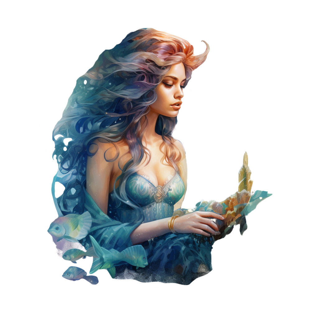 mermaid, ocean fantasy, teal, turquoise, coral orange, purple hair, flowing hair, sea creatures, fish, underwater scene, fantasy art, digital illustration, fabric panel, quilting cotton, mythical character, aquatic theme, watercolor style, marine life, ethereal mood, fantasy creature