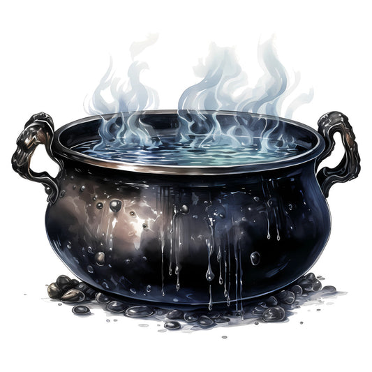 witches cauldron, magical potion, black cauldron, steaming cauldron, fantasy, mystical, dark magic, spooky, halloween, witch theme, gothic, dark blue, charcoal black, silver accents, ornate handles, bubbling potion, ethereal steam, supernatural, enchanted, whimsical dark, horror, spooky season, fall, autumn halloween, dark fantasy, mystical creatures, decorative, witch aesthetic, moody, atmospheric
