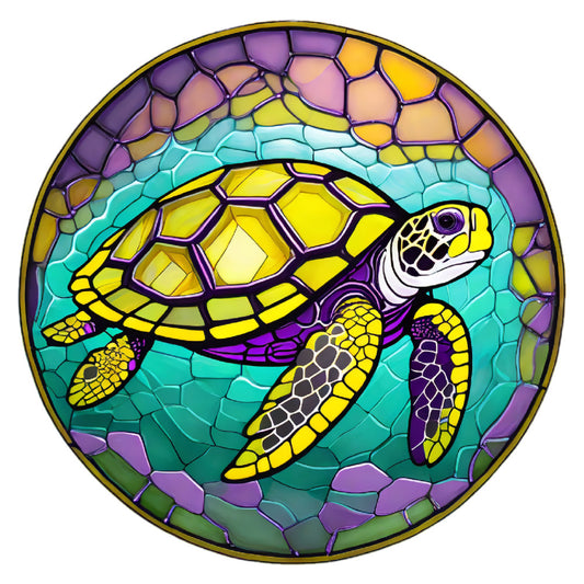 sea turtle, stained glass, turquoise, yellow, purple, lime green, ocean, aquatic, animal, wildlife, nature, geometric, mosaic, glass effect, sea life, marine, tropical, vibrant, colorful, whimsical, artistic, decorative panel, wall art, home decor, beach themed, underwater, summer, nature lover, bold colors, intricate design