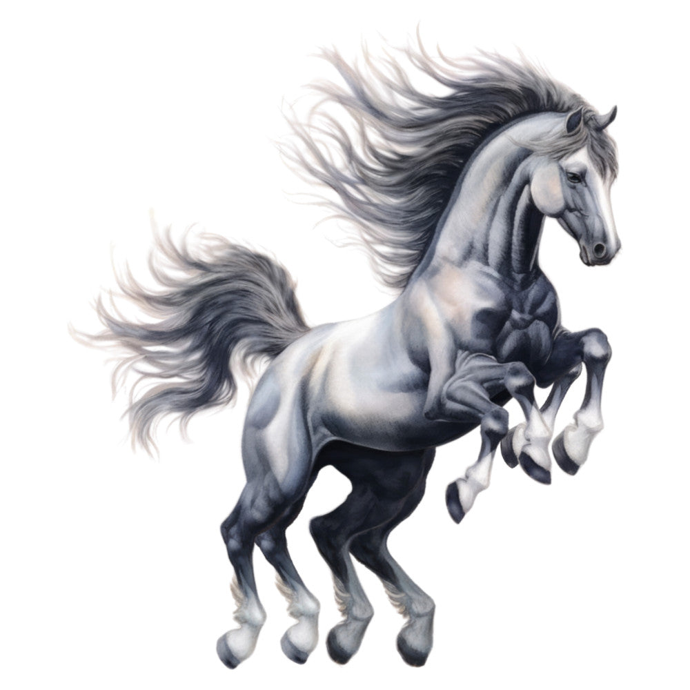 horse, gray, grey, charcoal, white, black, monochrome, grayscale, animals, equestrian, rearing horse, majestic, elegant, flowing mane, tail, detailed shading, realistic, traditional, nobility, strength, power, dynamic pose, equine, portrait, artistic, sophisticated, classic, timeless