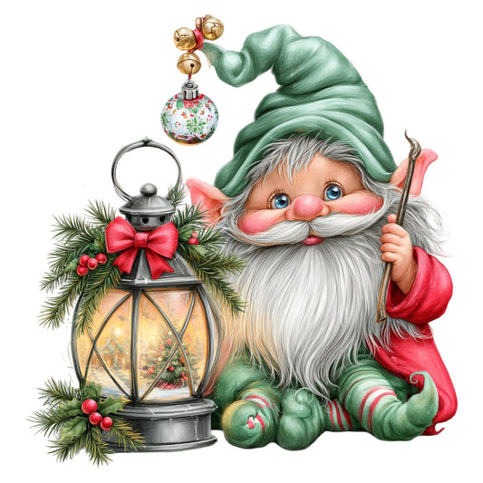 gnome, christmas, holiday, forest green, red, cream, white, gold, festive, whimsical, vintage, traditional, lantern, evergreen, pine branches, decorative ornaments, bells, candy cane, winter, seasonal, magical, storybook, enchanted, decorative panel, wall hanging, christmas gnome, red bow, festive decor, holiday cheer