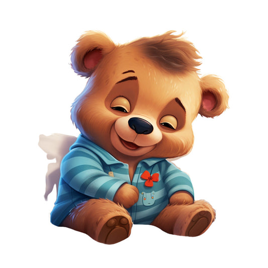 teddy bear, pajamas, blue stripes, golden brown, orange fur, children's illustration, cartoon style, sleepwear, fabric panel, quilting cotton, nursery theme, cute animals, soft colors, whimsical design, baby quilt, craft fabric, digital print, playful mood, bedtime theme
