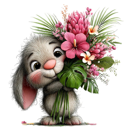 cute bunny, rabbit, pink flowers, floral, tropical leaves, monstera, palm fronds, whimsical, children's, baby, spring, summer, soft pink, sage green, gray, cream, peach, animal illustration, nature, garden, playful, adorable, large scale print, botanical, decorative, nursery, wall hanging, home decor, gender neutral