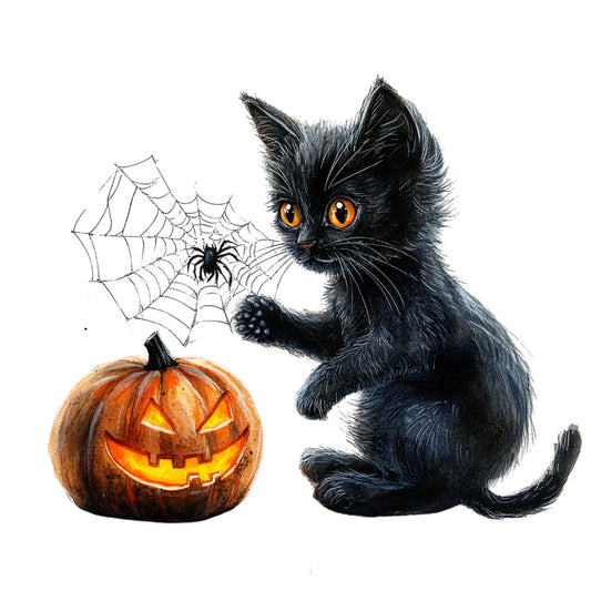 black cat, orange pumpkin, jack-o-lantern, spider web, halloween, autumn, fall, orange, black, white, spiderweb, holiday, whimsical, cute, playful, animal, cat, pumpkin, seasonal, trick-or-treat, haunted, festive, children's, kids fabric, novelty, decorative, wide back, panel fabric, orange glow, amber eyes