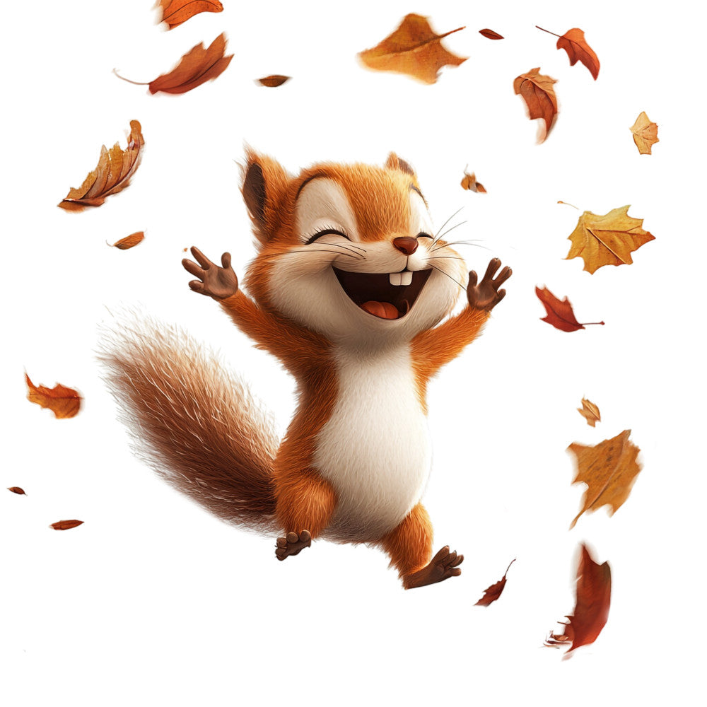 orange, brown, cream, white, autumn leaves, squirrel, cartoon style, cheerful, playful, fall foliage, fabric panel, quilting cotton, woodland animal, happy expression, seasonal design, maple leaves, cute character, children's fabric, nature theme, whimsical illustration