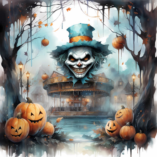 halloween, spooky, skeleton, jack-o'-lantern, pumpkin, autumn, fall, scary, creepy, dark teal, orange, black, white, whimsical, gothic, haunted, carousel, skull, jack-o-lantern faces, bare trees, lanterns, costume, trick-or-treat, eerie, mischievous, festive, dark fantasy, moody, atmospheric