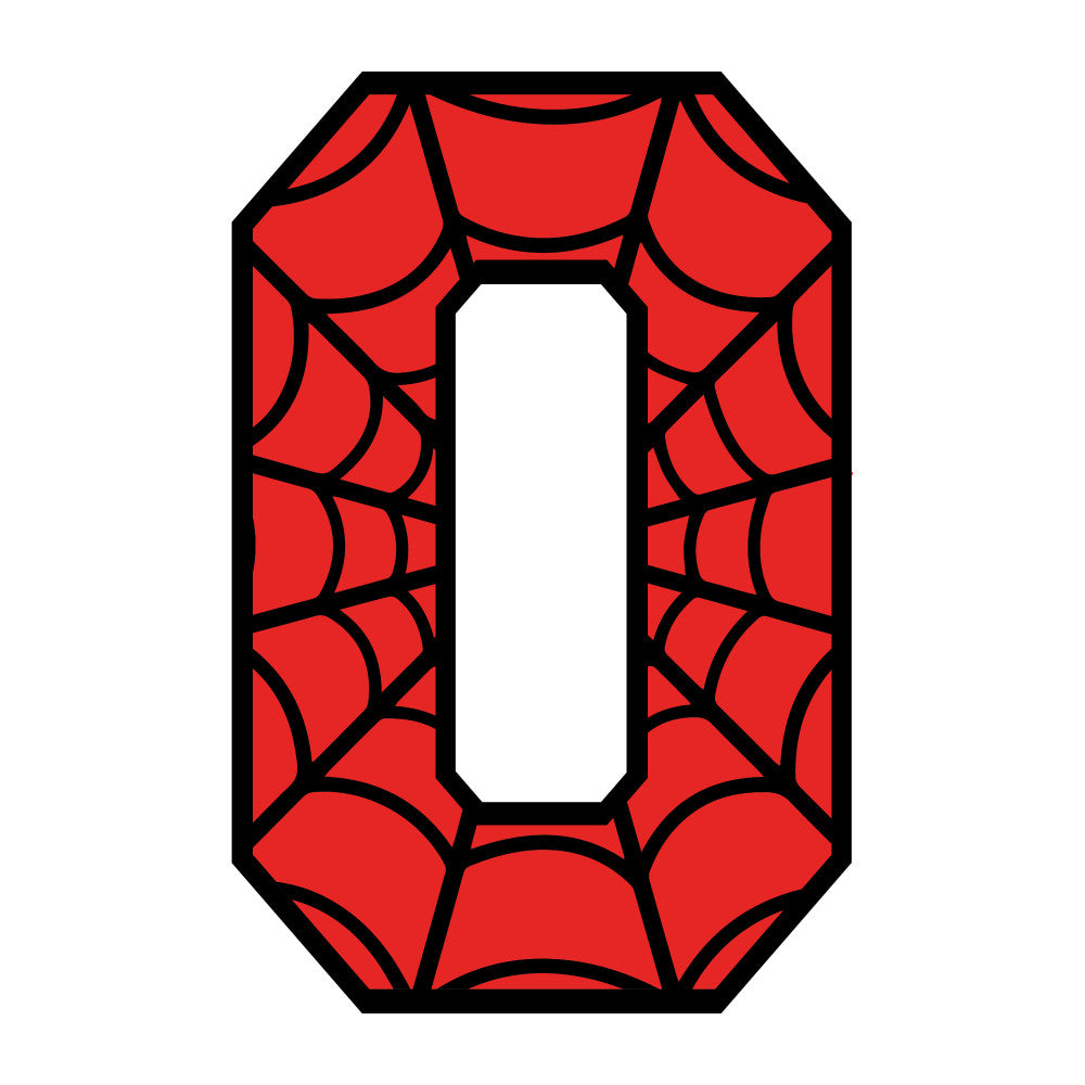 red, black, spider web, web pattern, alphabet letter, letter o, superhero theme, comic book style, fabric panel, quilting cotton, geometric design, bold colors, children's fabric, novelty print, craft supplies, sewing material, bright red, contrasting colors