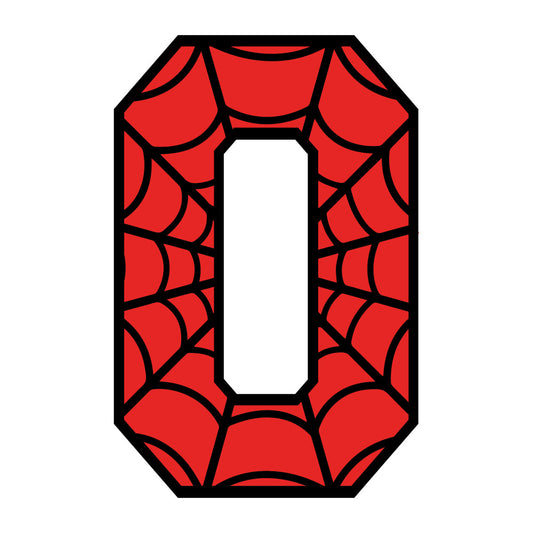 red, black, spider web, web pattern, alphabet letter, letter o, superhero theme, comic book style, fabric panel, quilting cotton, geometric design, bold colors, children's fabric, novelty print, craft supplies, sewing material, bright red, contrasting colors