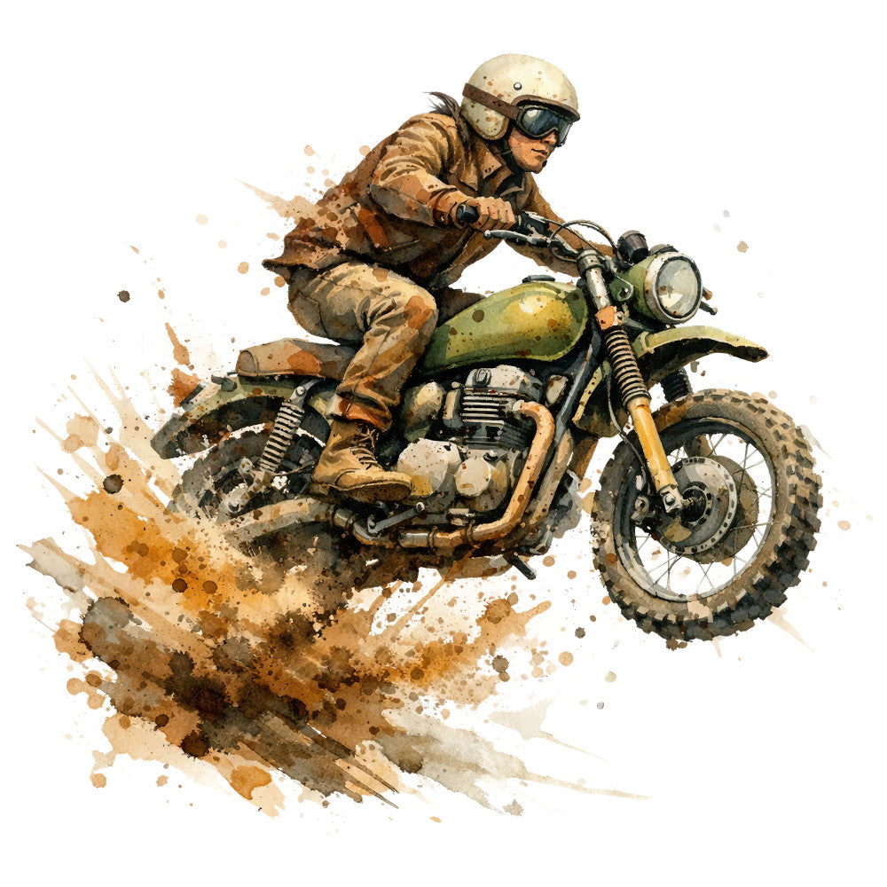 vintage motorcycle, dirt bike, watercolor, abstract splatter, tan, brown, khaki, olive green, cream, rust, earthy tones, adventure, action sports, retro, steampunk, masculine, rustic, grunge texture, ink wash, artistic, transportation, extreme sports, off-road, desert, rugged, casual wear, apparel fabric, wall art