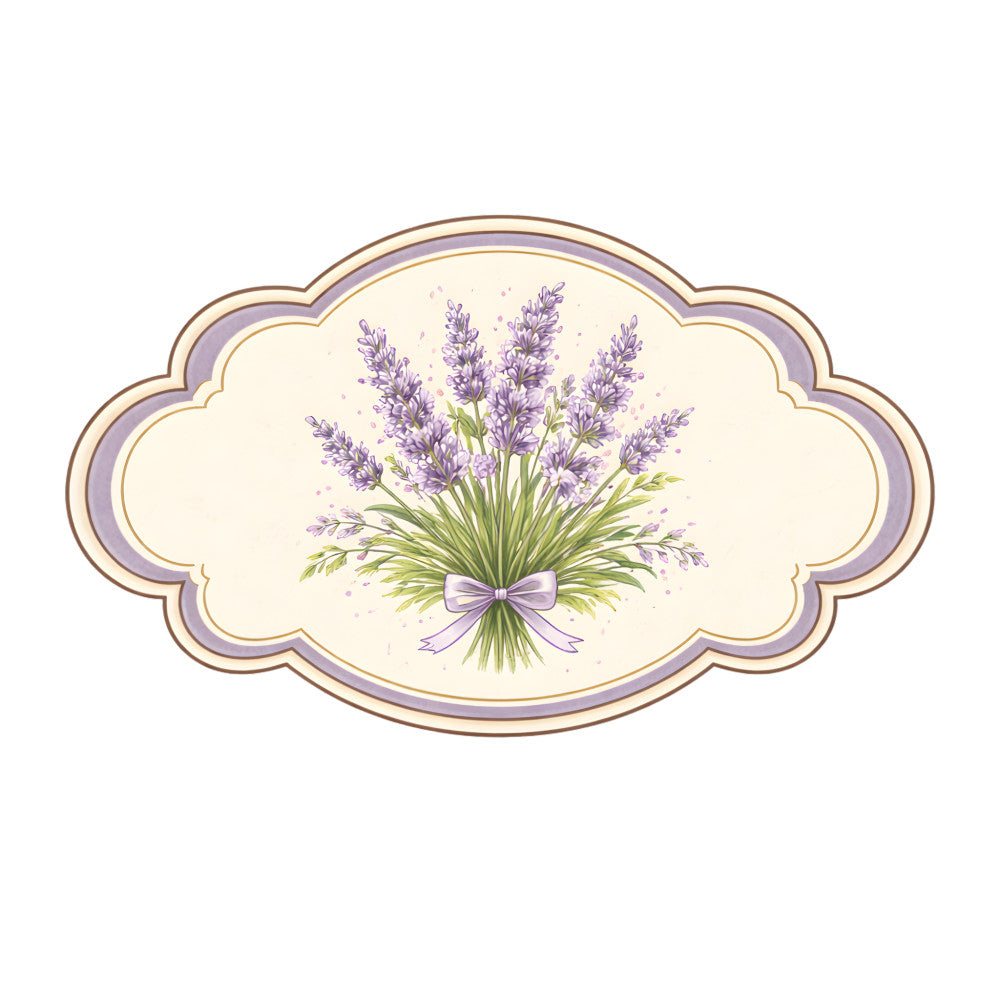 lavender, purple, green, cream, gold trim, floral, botanical, nature, vintage, elegant, lavender bouquet, flowers, spring, summer, whimsical, romantic, cottage core, garden, herbal, provence, french country, decorative label, ornamental frame, bow, scalloped edge, traditional, classic, decorative panel, craft fabric