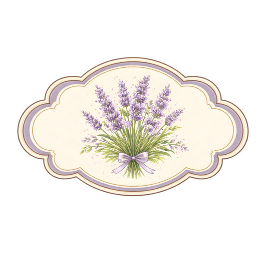 lavender, purple, green, cream, gold trim, floral, botanical, nature, vintage, elegant, lavender bouquet, flowers, spring, summer, whimsical, romantic, cottage core, garden, herbal, provence, french country, decorative label, ornamental frame, bow, scalloped edge, traditional, classic, decorative panel, craft fabric