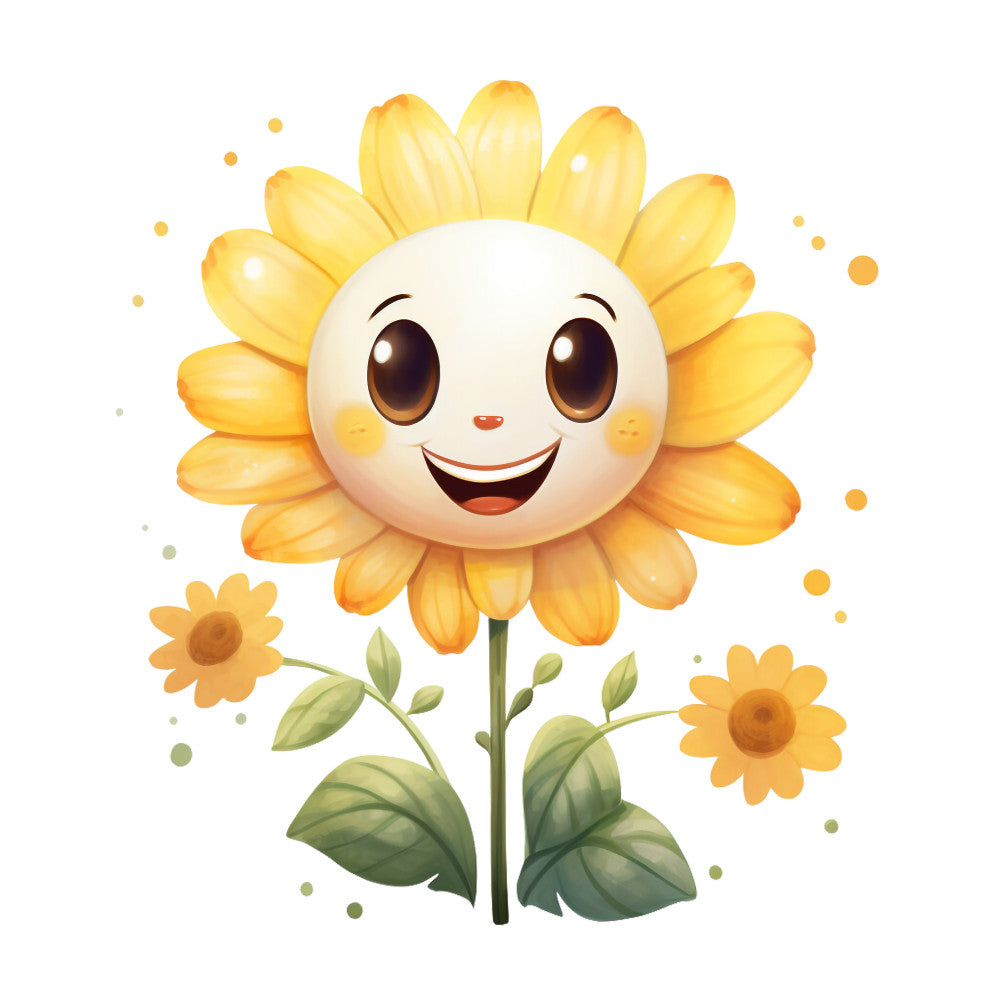 yellow sunflowers, smiling faces, cheerful characters, bright yellow, golden petals, green leaves, cartoon style, happy flowers, whimsical design, fabric panel, quilting cotton, children's fabric, cute florals, anthropomorphic flowers, sunny theme, kawaii style, craft fabric, sewing panel, floral motifs, playful design