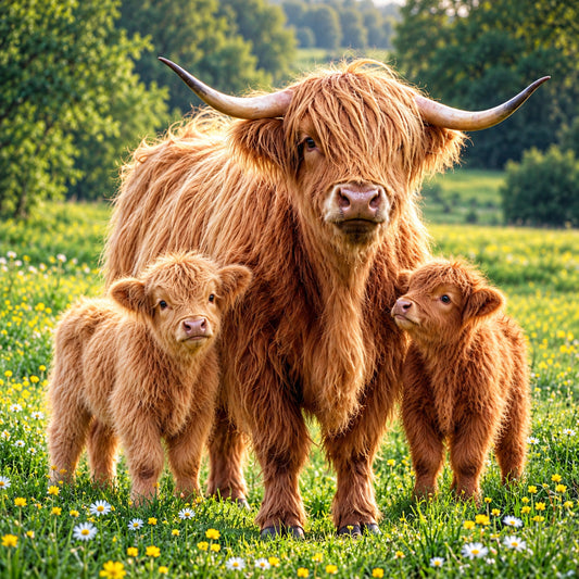 highland cattle, highland cow, mother and calves, farm animals, livestock, rustic farmhouse, countryside, pastoral, spring meadow, wildflowers, daisy, buttercup, yellow flowers, green pasture, rolling hills, nature scene, animal family, horned cattle, golden brown, warm tan, cream, rustic style, farm life, pastoral landscape, animals with young, mother and baby, country living, agricultural, barnyard, spring