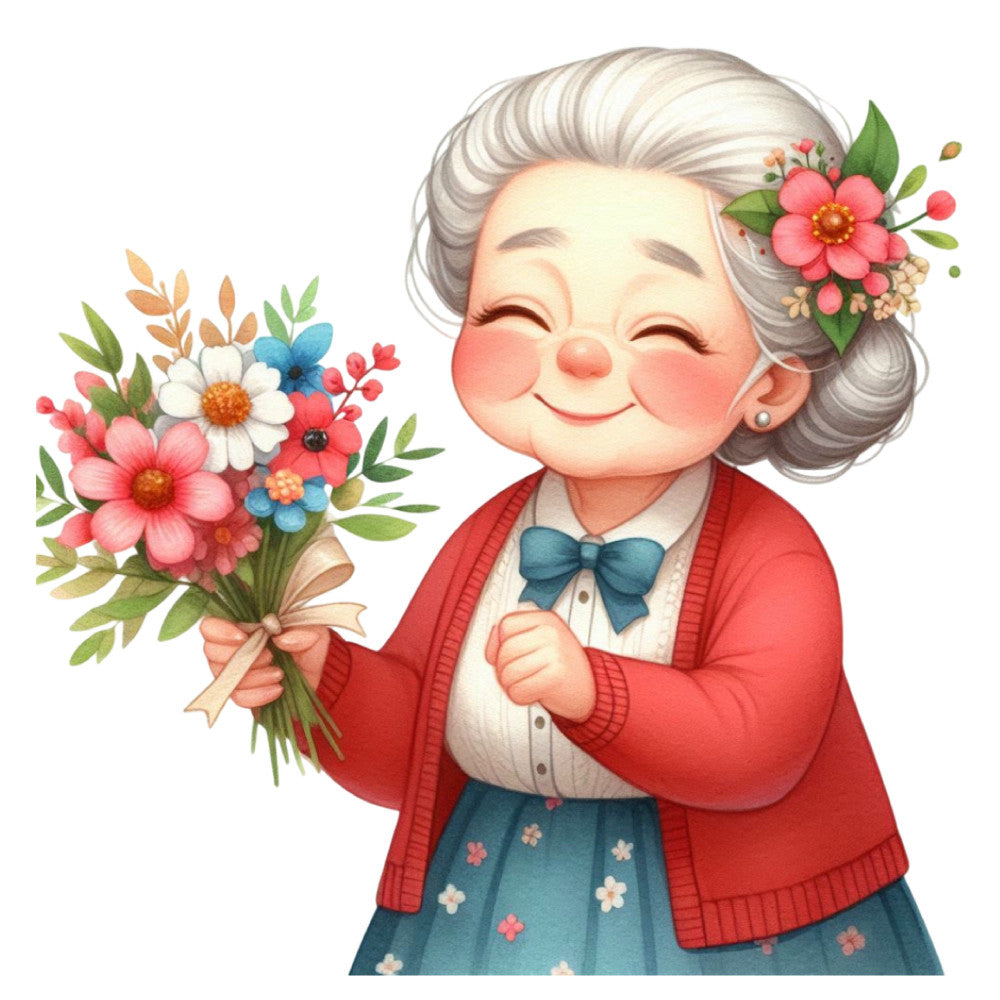grandmother illustration, elderly woman, silver hair, cheerful grandma, vintage portrait, floral bouquet, coral pink, dusty rose, cream white, forest green, teal blue, navy blue, whimsical, charming character, sweet face, smiling grandma, spring flowers, botanical, nature-inspired, vintage style, traditional, heartwarming, gentle aesthetic, grandparent themed, multi-generational, nostalgic, retro illustration, decorative panel, wall hanging, nursery decor
