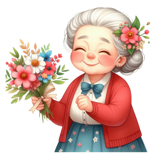 grandmother illustration, elderly woman, silver hair, cheerful grandma, vintage portrait, floral bouquet, coral pink, dusty rose, cream white, forest green, teal blue, navy blue, whimsical, charming character, sweet face, smiling grandma, spring flowers, botanical, nature-inspired, vintage style, traditional, heartwarming, gentle aesthetic, grandparent themed, multi-generational, nostalgic, retro illustration, decorative panel, wall hanging, nursery decor
