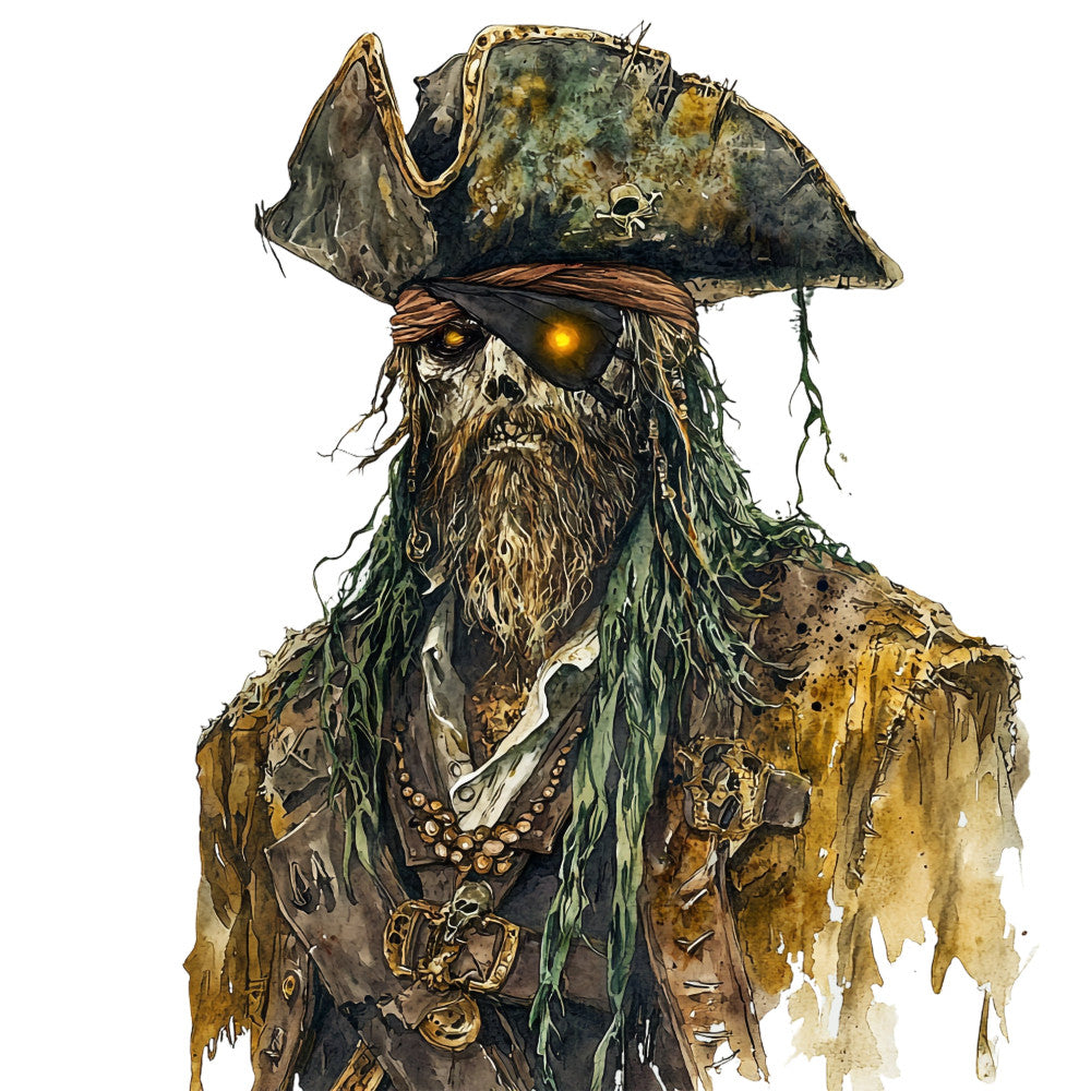 pirate, skull, skeleton, eye patch, tricorn hat, nautical, adventure, vintage, steampunk, gold, brown, tan, forest green, dark green, weathered, aged, distressed, historical, costume, fantasy, gothic, seaweed, rope, treasure, mysterious, macabre, decorative panel, character design, illustration style, bronze
