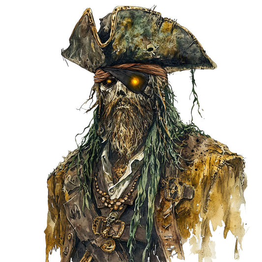 pirate, skull, skeleton, eye patch, tricorn hat, nautical, adventure, vintage, steampunk, gold, brown, tan, forest green, dark green, weathered, aged, distressed, historical, costume, fantasy, gothic, seaweed, rope, treasure, mysterious, macabre, decorative panel, character design, illustration style, bronze